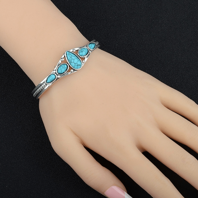 1pc, Bracelet, 925 Sterling Silvery Bracelet, Vintage Turquoise Cuff Bangle, Adjustable Natural Stone Bracelet, Women Girls Jewelry, Wedding Anniversary Decor, Birthday Party Gifts, Theme Party Supplies