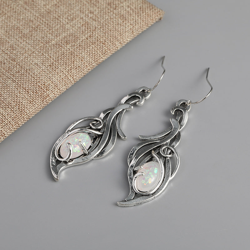Vintage Oval Opal Decor Fire Design Dangle Earrings Bohemian Elegant Style Silver Plated Jewelry Creative Ear Ornaments
