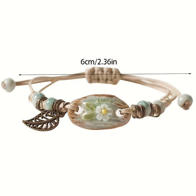 Vintage Style Leaf Pendant Braided Bracelet Elegant Handmade Hand Bracelet Adjustable
